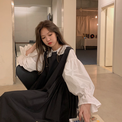 Outfit-Set: A-Line Dress + Blouse With Flare Sleeves