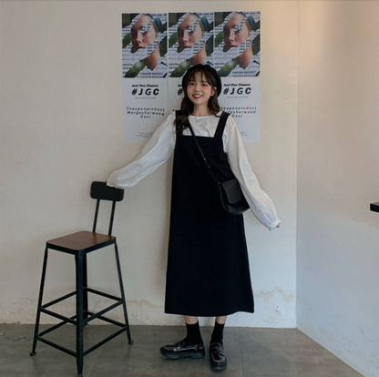 Two-Piece-Set: Puff Sleeve Shirt + Sleeveless Midi Strap Dress
