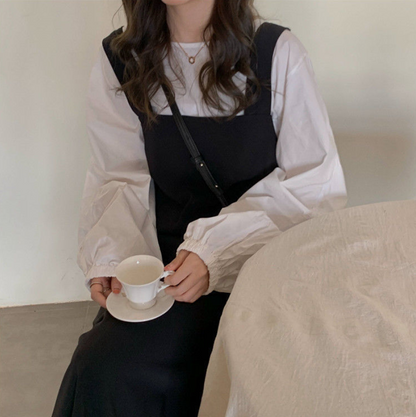 Two-Piece-Set: Puff Sleeve Shirt + Sleeveless Midi Strap Dress