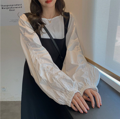 Two-Piece-Set: Puff Sleeve Shirt + Sleeveless Midi Strap Dress
