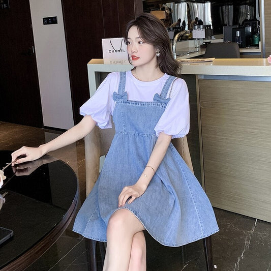 Outfit-Set: Denim Dress With Bow + Tee With Puff Sleeves