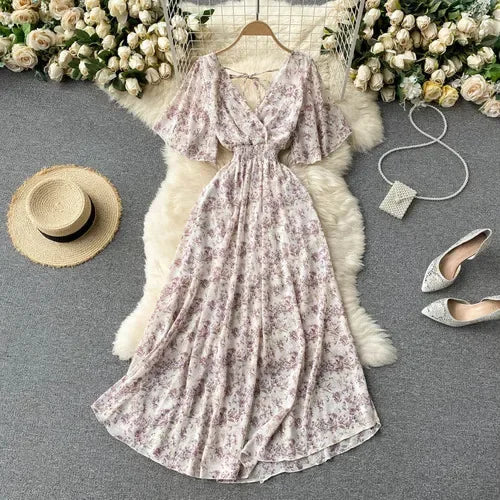 Elegant Ruffled Midi Dress With Floral Print