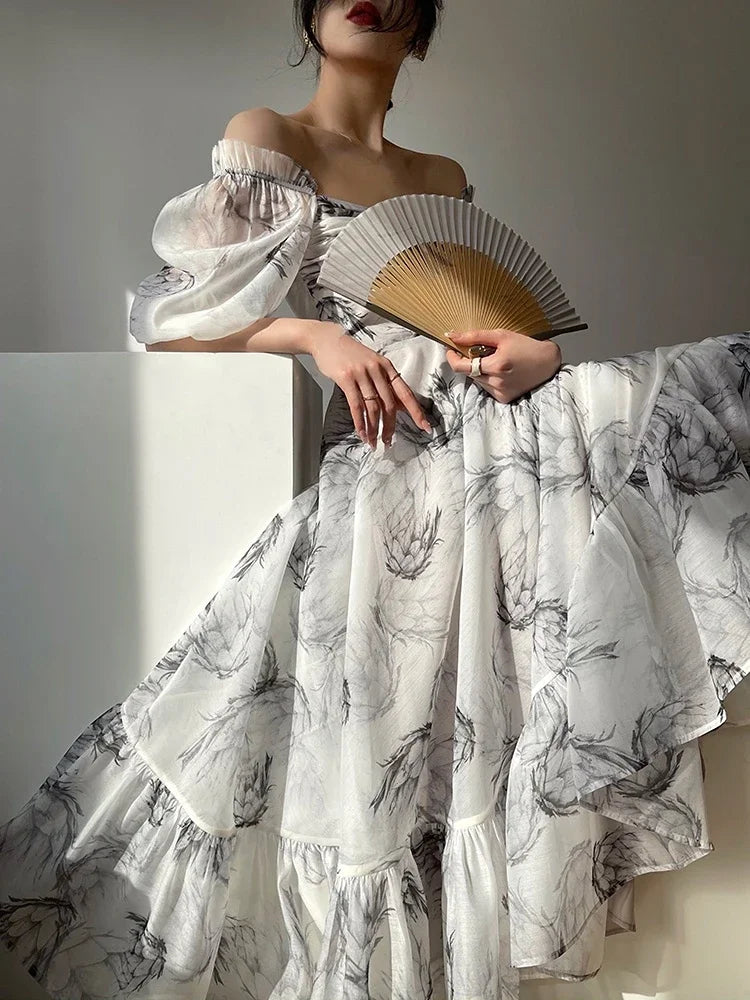 Summer Floral Printed Dress With Puffed Sleeves