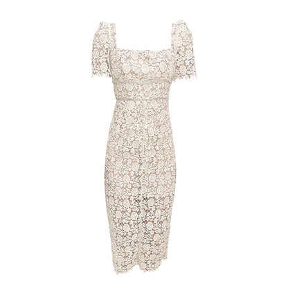 Elegant Full-Laced Dress With Square Collar