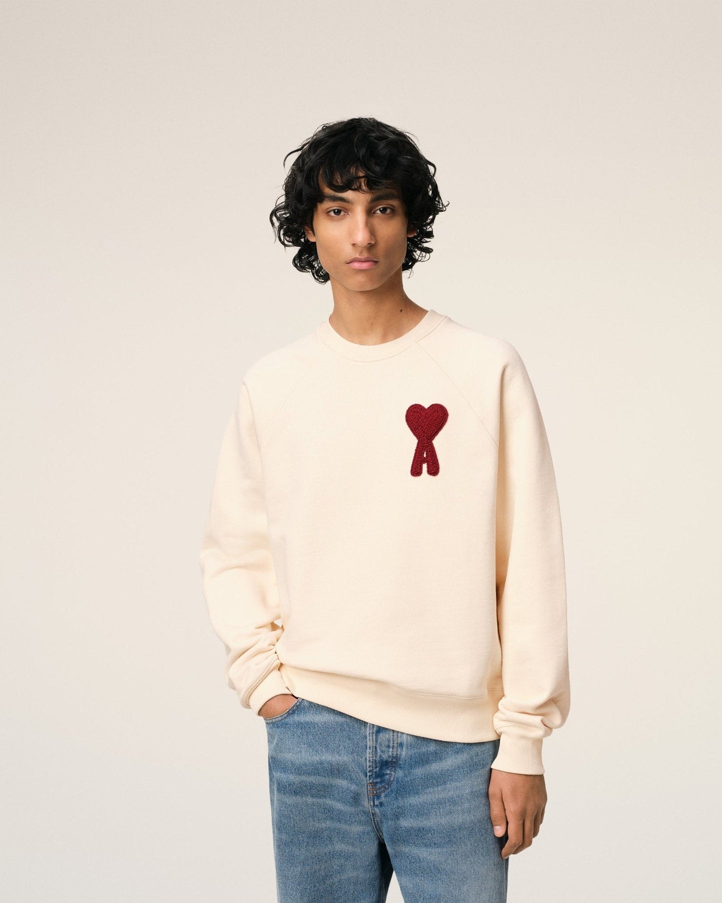 BEIGE COTTON AMI PATCH SWEATSHIRT