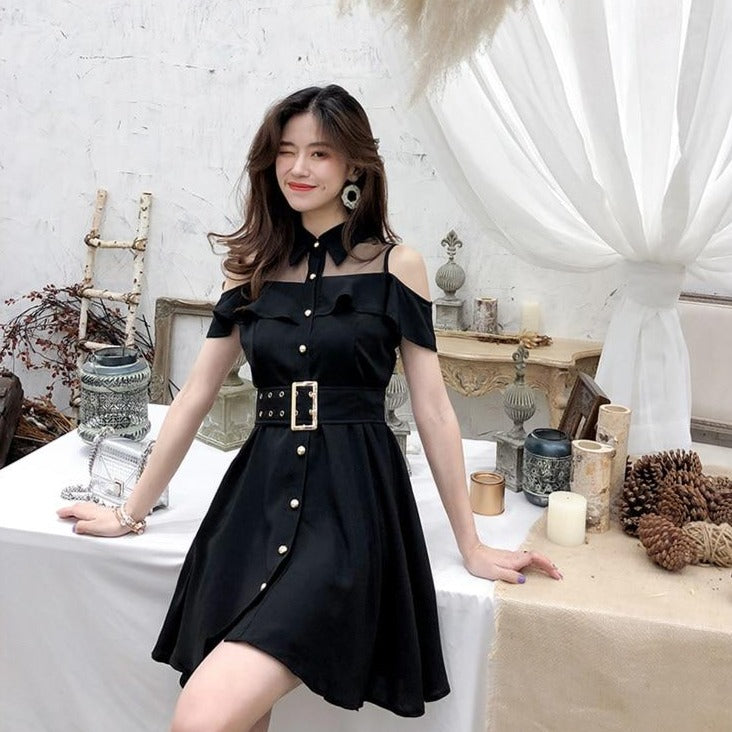 Button-Down Off-Shoulder Dress With Waistbelt