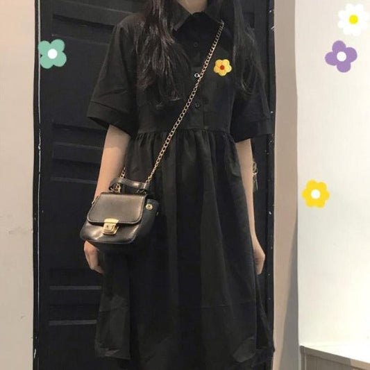 Shortsleeved Dress With Flower Embroidery And Buttons