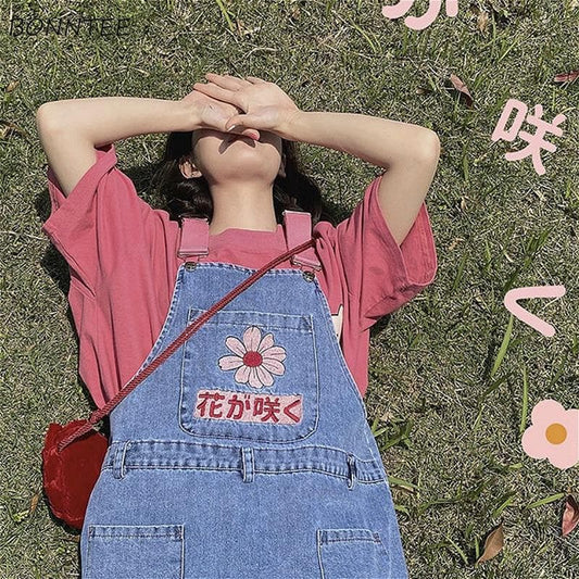 Denim Dungaree Dress With Flower Embroidery And Japanese Lettering