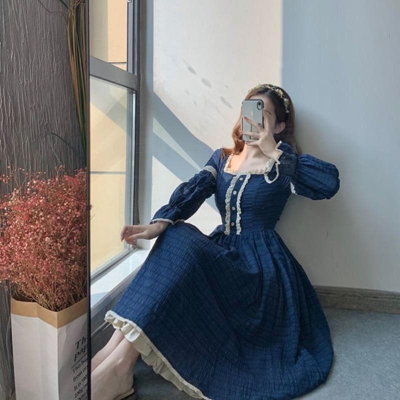 Midi Dress With Ruffle And Crochet Accents