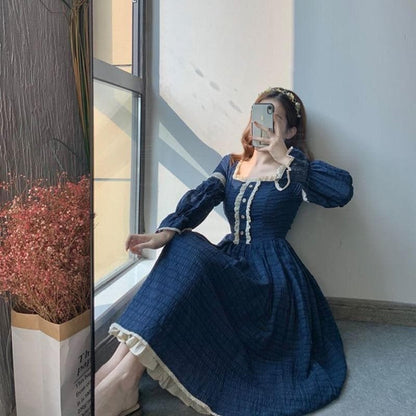 Midi Dress With Ruffle And Crochet Accents