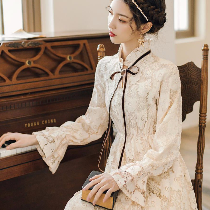 High-Neck Lace Dress With Lantern Sleeves And Ribbon