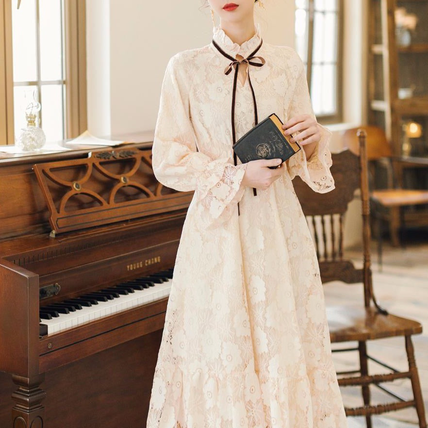 High-Neck Lace Dress With Lantern Sleeves And Ribbon