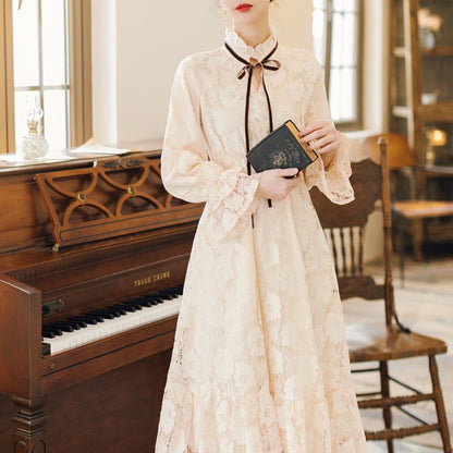 High-Neck Lace Dress With Lantern Sleeves And Ribbon