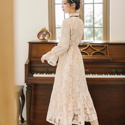 High-Neck Lace Dress With Lantern Sleeves And Ribbon