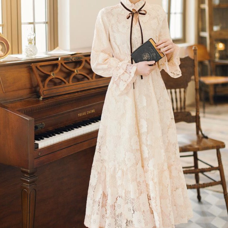 High-Neck Lace Dress With Lantern Sleeves And Ribbon