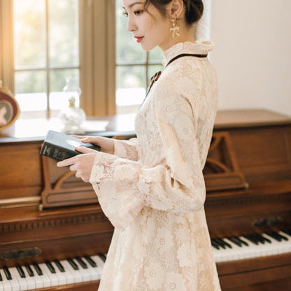 High-Neck Lace Dress With Lantern Sleeves And Ribbon