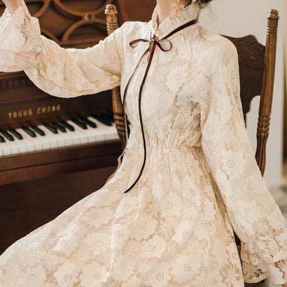High-Neck Lace Dress With Lantern Sleeves And Ribbon