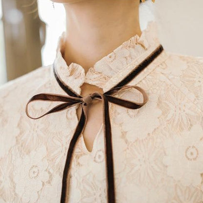 High-Neck Lace Dress With Lantern Sleeves And Ribbon
