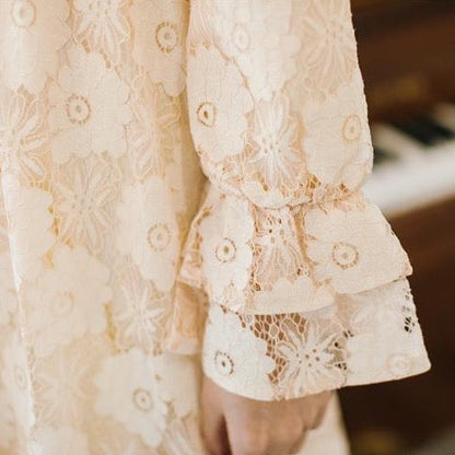 High-Neck Lace Dress With Lantern Sleeves And Ribbon