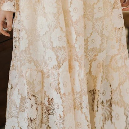 High-Neck Lace Dress With Lantern Sleeves And Ribbon