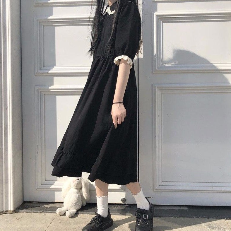 Knee-Length Dress With Collar And Puff Sleeves