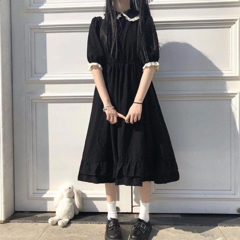 Knee-Length Dress With Collar And Puff Sleeves