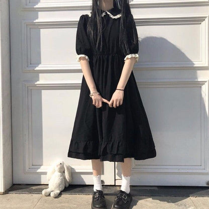 Knee-Length Dress With Collar And Puff Sleeves