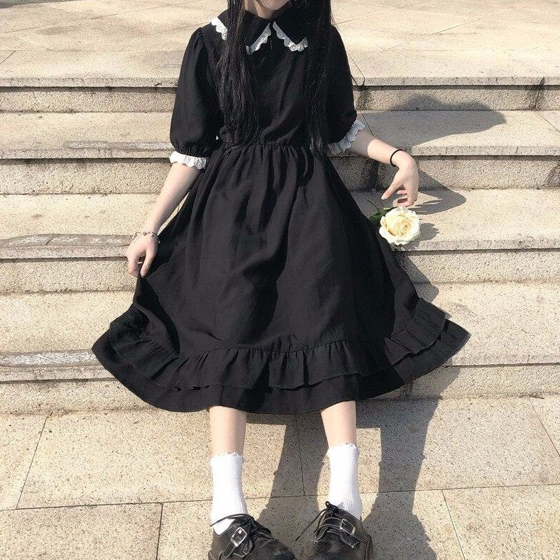 Knee-Length Dress With Collar And Puff Sleeves