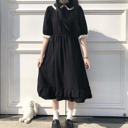 Knee-Length Dress With Collar And Puff Sleeves