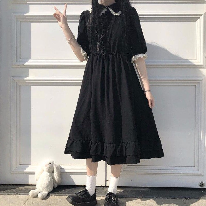 Knee-Length Dress With Collar And Puff Sleeves