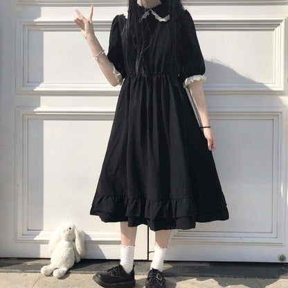 Knee-Length Dress With Collar And Puff Sleeves
