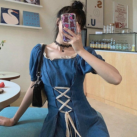 Denim Dress With Puff Sleeves And Square Collar