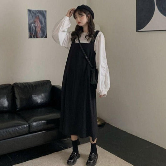 Two-Piece-Set: Puff Sleeve Shirt + Sleeveless Midi Strap Dress