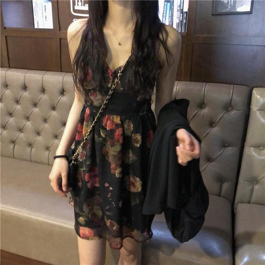 Mini Chiffon Dress With Floral Print And Spaghetti Straps
