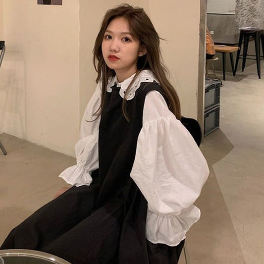 Outfit-Set: A-Line Dress + Blouse With Flare Sleeves
