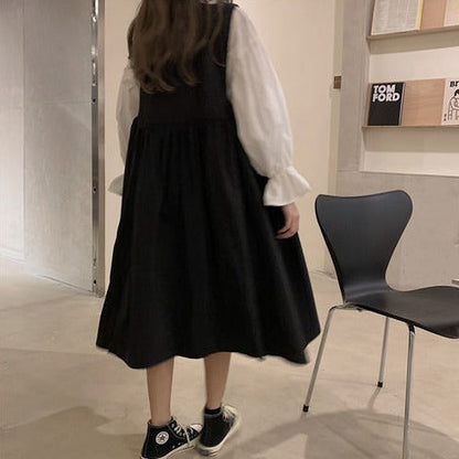 Outfit-Set: A-Line Dress + Blouse With Flare Sleeves