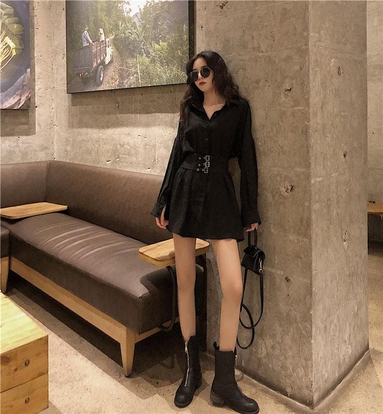 Long Shirt/Dress With Rivet Waist Belt