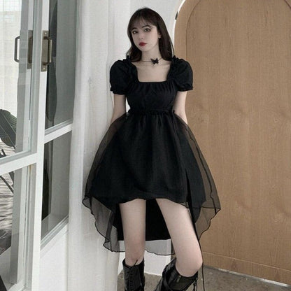 High-Low Dress With Puff Sleeves And Mesh Layer