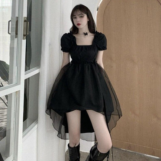 High-Low Dress With Puff Sleeves And Mesh Layer