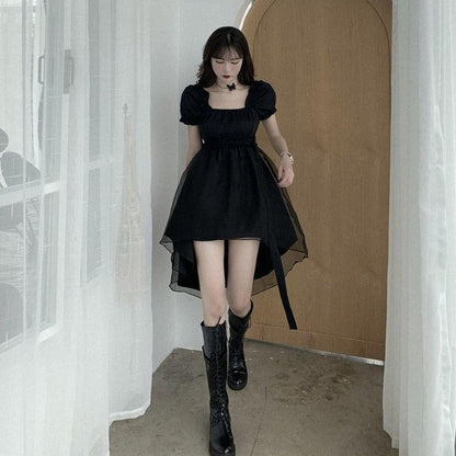 High-Low Dress With Puff Sleeves And Mesh Layer