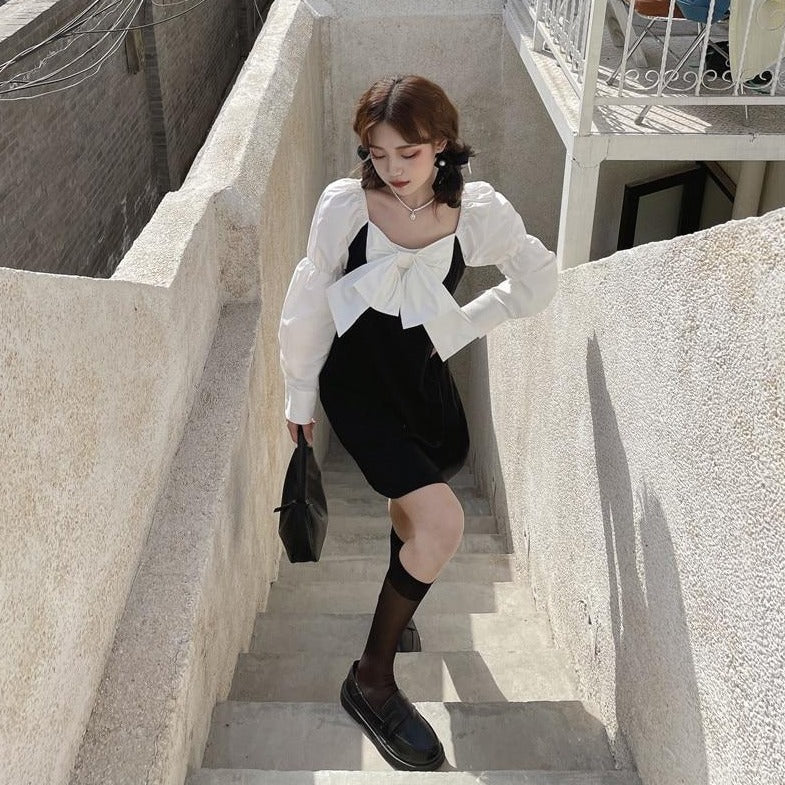 Two-Colored Mini Dress With Large Bow And Puff Sleeves (Available With Short Or Long Sleeves!)