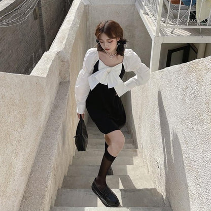 Two-Colored Mini Dress With Large Bow And Puff Sleeves (Available With Short Or Long Sleeves!)