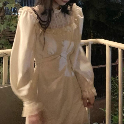 Midi Dress With Laced Bust And Puff Sleeves