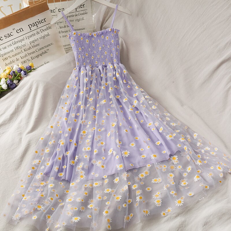 Sleeveless Daisy Dress With Mesh Layer