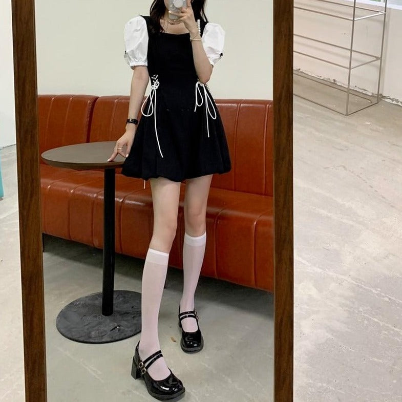 A-Line Dress With Puff Sleeves And Laced-Up Sides