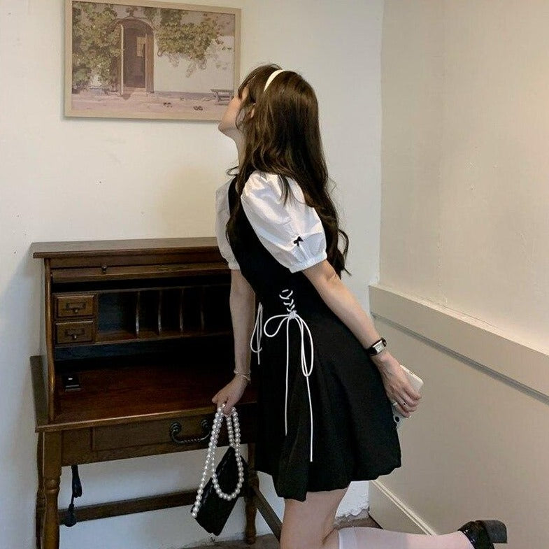 A-Line Dress With Puff Sleeves And Laced-Up Sides