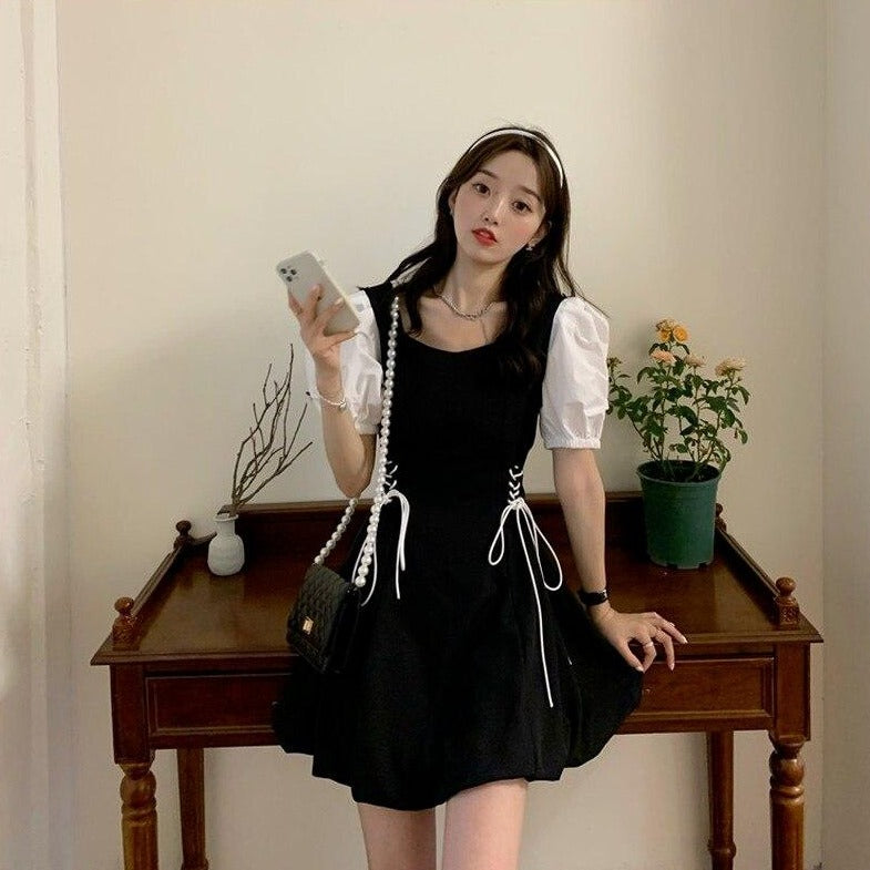 A-Line Dress With Puff Sleeves And Laced-Up Sides