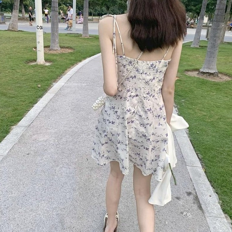 Mini Bustier Dress With Floral Print And Adjustable Spaghetti Straps