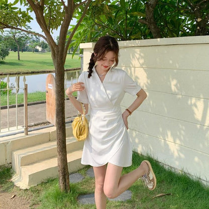 Wrap-Style Mini Dress With Turn-Down Collar