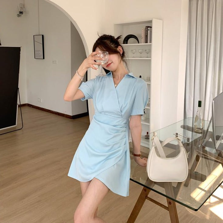 Wrap-Style Mini Dress With Turn-Down Collar